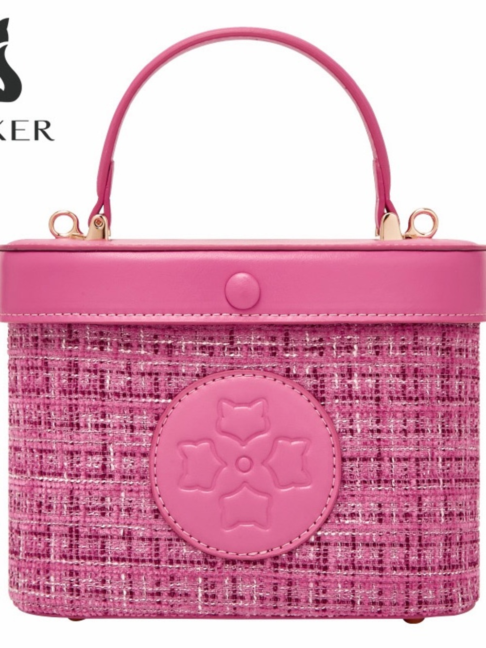Pink Tweed Top-Handle Cosmetic Case with Embossed Detail